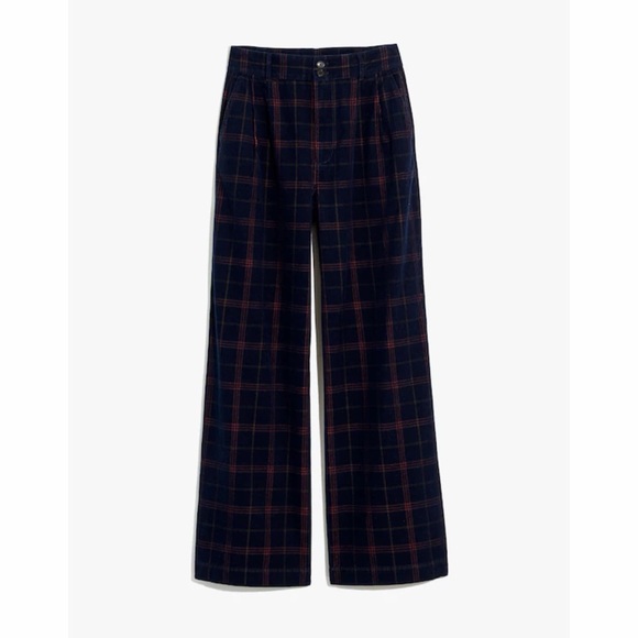 Madewell Pants - Madewell Corduroy Pleated Wide-Leg Pants in Windowpane - Blue Multi Plaid
